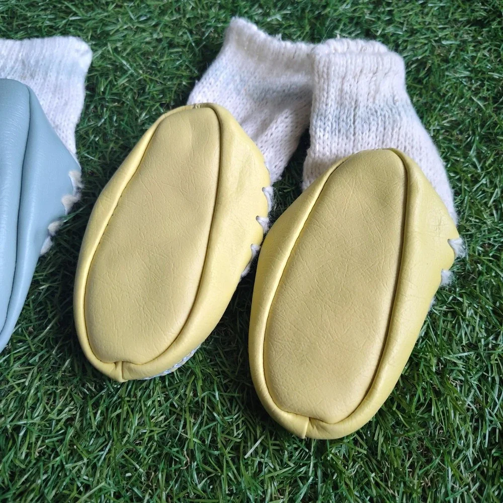 Vintage Leather Baby Toddler Mocassins Socks Blue Yellow Slip On Shoes 2 Pair